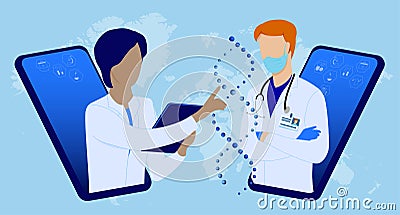 Teamwork online. Students, medical scientists in white coats are examining DNA helix. Laboratory scientist is conducting research Vector Illustration