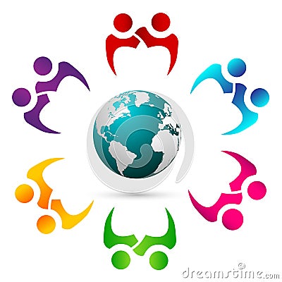 Teamwork pair of people together with globe & shadow logo Stock Photo