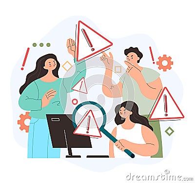 Teamwork people characters searching system error. 404 operation warning web page window concept. Vector flat graphic design carto Vector Illustration