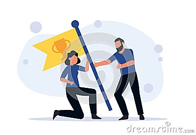 Teamwork of people. The concept of business success by a team and financial success in the company. People raise the flag together Vector Illustration