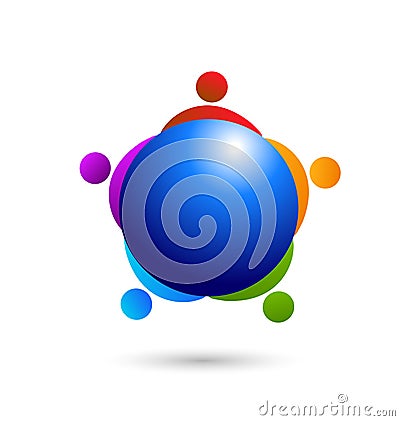 Teamwork people figures surrounding earth icon Vector Illustration