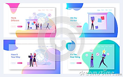 Teamwork Process Website Landing Page Set. Agile Business Team of Programmers Working and Make Some Planning Vector Illustration
