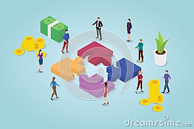 Teamwork puzzle concept with team working together with puzzles and some financial icon with modern flat style - vector Cartoon Illustration