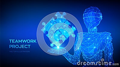 Teamwork. Puzzle elements. Team metaphor. Symbol of teamwork, cooperation, partnership. Abstract 3d low polygonal robot holding Stock Photo