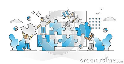 Teamwork puzzle with team assistance and support monocolor outline concept Vector Illustration