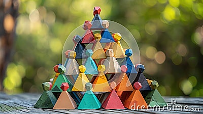 Teamwork Pyramid A pyramid structure built with geometric shapes, each representing a different race contributing to a common goal Stock Photo