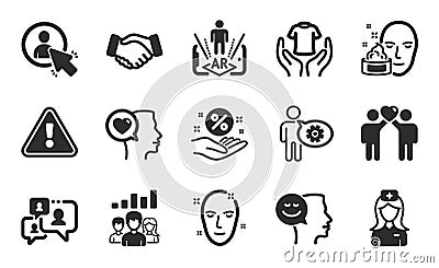Teamwork results, Handshake and Augmented reality icons set. Romantic talk, Hold t-shirt and Health skin signs. Vector Vector Illustration