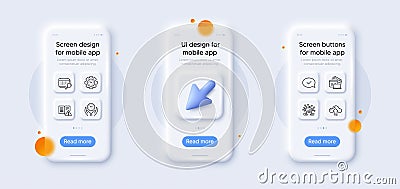 Teamwork, Safe time and Instruction manual line icons pack. For web app. 3d phone mockups. Vector Vector Illustration