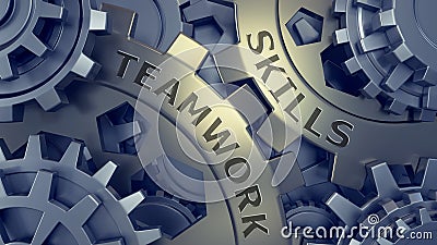 Teamwork skills. words imprinted on metal surface 3d illustration. Gold and silver gear weel Stock Photo