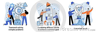 Teamwork solving complex problems and combining different talents to achieve common goal vector set, metaphor Vector Illustration