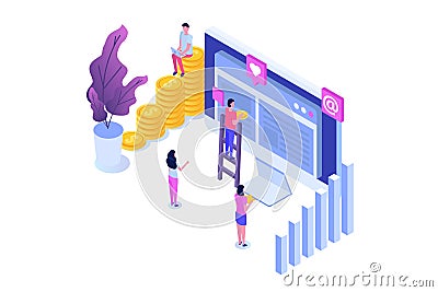 Teamwork success isometric vector illustration. Construction project. Vector Illustration