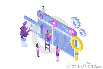 Teamwork success isometric vector illustration. Construction project. Vector Illustration