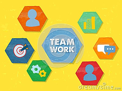 Teamwork and symbols in grunge flat design hexagons Stock Photo