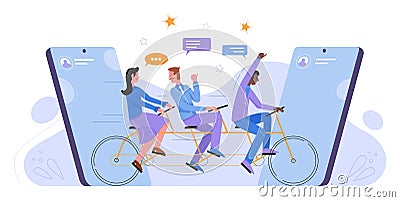 Teamwork and synchronization of business people riding speed tandem bike together Vector Illustration