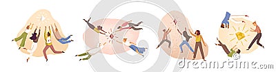 Teamwork, target aspiration vector illustrations set. Team, cooperation and competition, striving for goal concept Vector Illustration