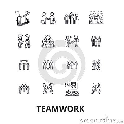 Teamwork, team, concept, working together, collaboration, success, partnership line icons. Editable strokes. Flat design Vector Illustration