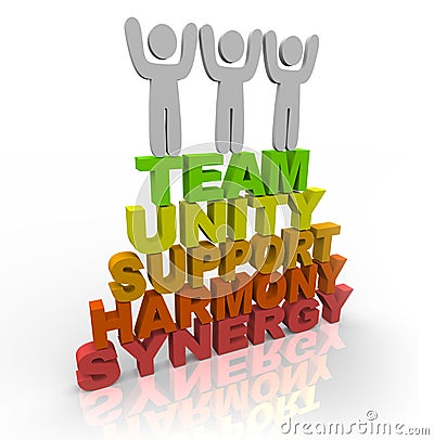 Teamwork - Team Members Stand on Words Stock Photo