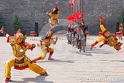 Chinese traditional dance, cultural performance of warriors in traditional costumes, China Stock Photo