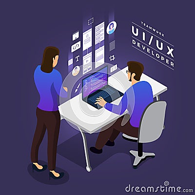 Teamwork UI / UX Developer Vector Illustration