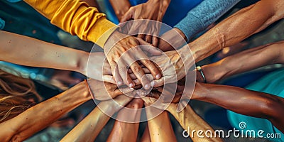 Teamwork and unity concepts. Group of friends holding hands. Generative AI Stock Photo