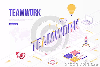 Teamwork web banner concept. Creative design template with Isometric objects and three dimensional text with world map. Online, Cartoon Illustration