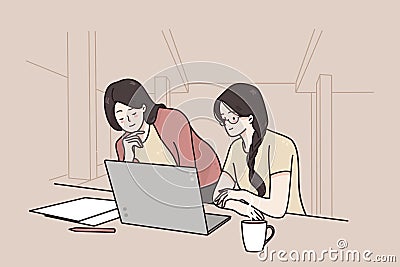 Teamwork, working in office, female company staff concept Vector Illustration