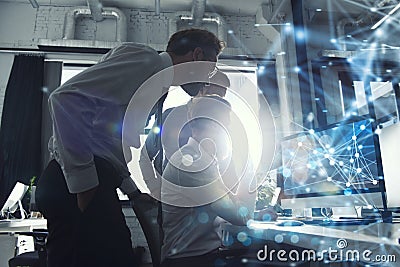 Teamwork works with a computer. Concept of internet sharing and interconnection. double exposure. Stock Photo