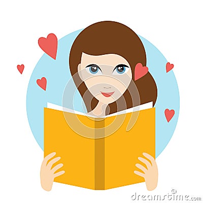 Teanager girl reading a love romance book. Vector Illustration