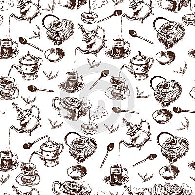 Teapot and cups seamless pattern Vector Illustration