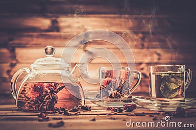 Teapot and glass cups Stock Photo