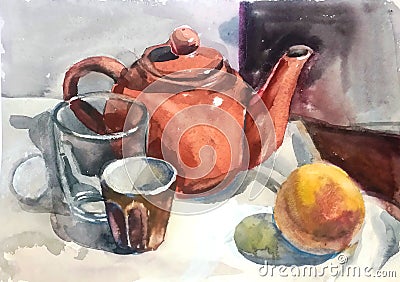 Teapot, glass and juicy peach Stock Photo