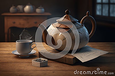 teapot with hot water and teabags on wooden tabletop Stock Photo