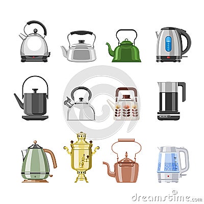 Teapot and kettle vector teakettle or samovar to drink tea on teatime and boiled coffee beverage in electric boiler in Vector Illustration