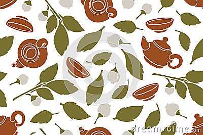 Seamless pattern with Chinese teapots and cups, tea leaves and berries. Vector Illustration
