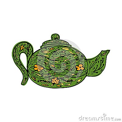 Teapot short isolated on white background. Hand drawn graphic element with floral pattern Cartoon Illustration