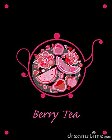 Teapot sketch with fruit and berries tea for your design Vector Illustration