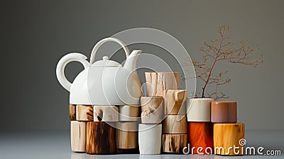 A teapot and stacked wood objects Stock Photo