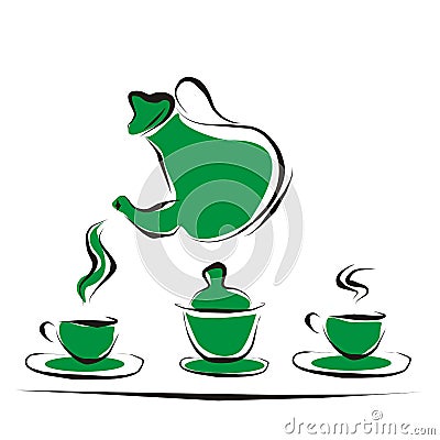 Teapot and cups, vector green icon Vector Illustration