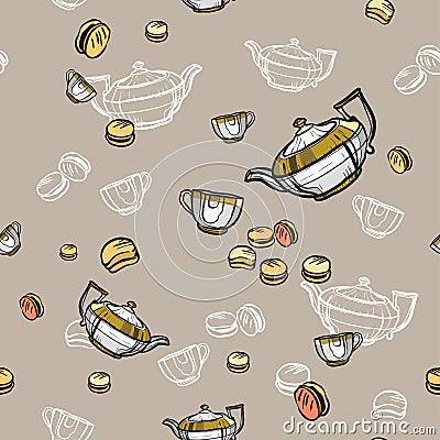 Teapots, cups and macarons seamless pattern hand drawn in old style. Tea time vector illustration. Food pattern Vector Illustration