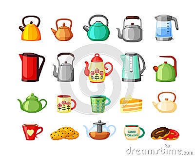 Teapots and electric kettles large set. Metal rounded shapes heated gas wood cups with hot drink and sweets modern Vector Illustration