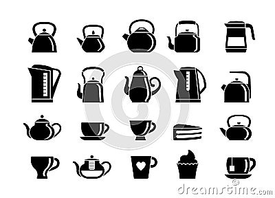 Teapots and electric kettles silhouette set. Plastic devices for quickly boiling water metal rounded shapes heated gas Vector Illustration