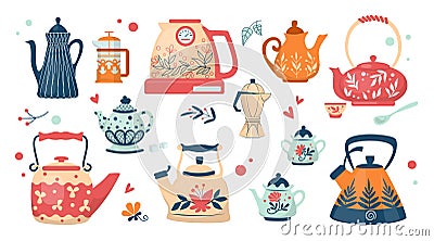 Teapots and kettles. Kitchen electric, ceramic and glass tea kettle with botanical patterns, cute modern crockery for Vector Illustration