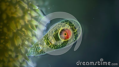A teardropshaped euglena with a bright red eyespot at the narrow end seen in a magnified view under a microscope. . Stock Photo