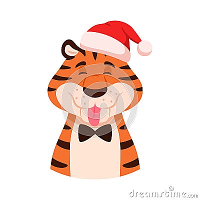 Teasing cheerful cartoon tiger shows tongue. Vector Illustration