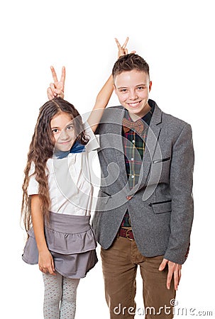 Teasing friends boy and girl, brother and sister Stock Photo