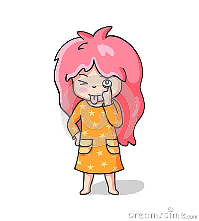 Teasing girl sticking tongue out. Mermaid makes faces. Cute cartoon character for emoji, sticker, pin, patch, badge. Vector Illustration