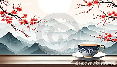 Teatime background with nature asia style with copy space Cartoon Illustration