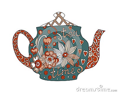 Teatime. Beautiful teapot with floral ornament isolated on white Vector Illustration