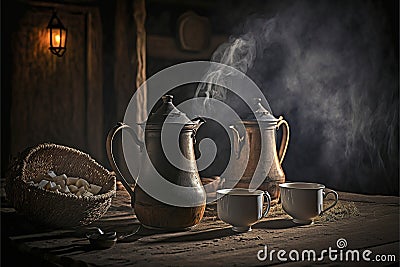 Teatime in a Cozy Rustic Kitchen: A Nostalgic Retreat into Warmth and Comfort, ai generative Stock Photo