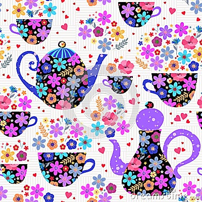 Teatime among flowers. Vector seamless pattern. Teapots and cups with beautiful floral ornament Vector Illustration